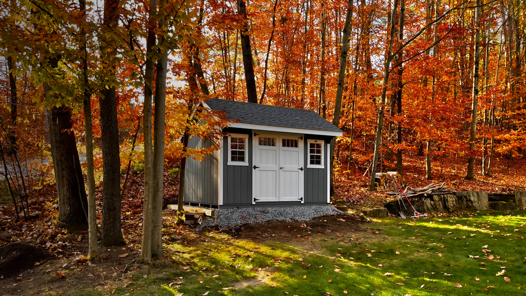 Small gray shed in a forest during autumn with colorful trees.